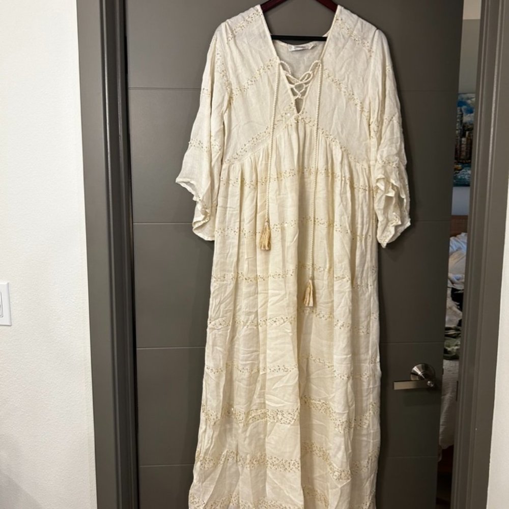 GOLD SILVER Ivory and Gold Sequins Maxi Beach Dress Plunging Neckline with Lace